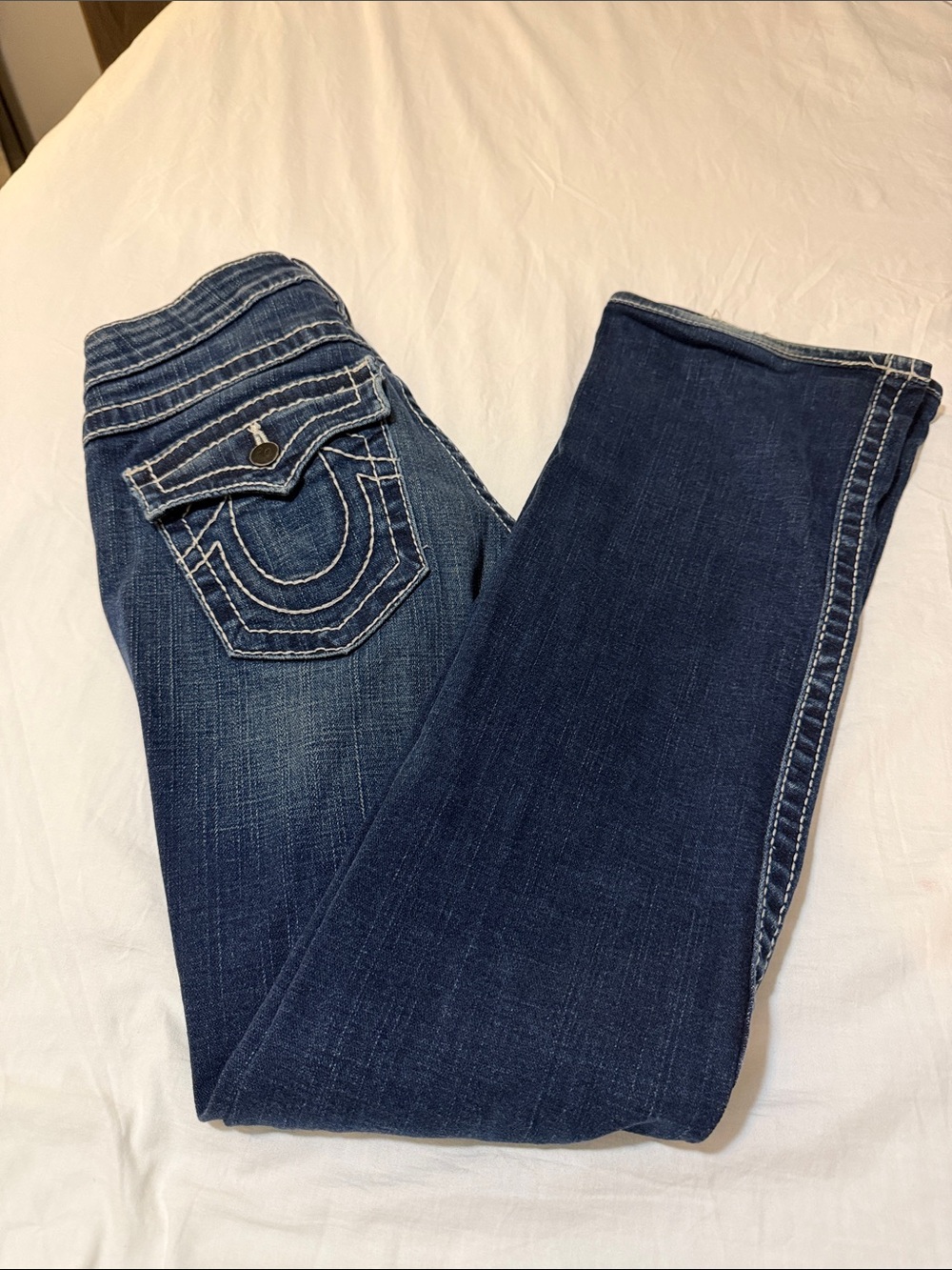 True Religion Women's Dark Blue Bootcut Jeans with Contrast Stitching